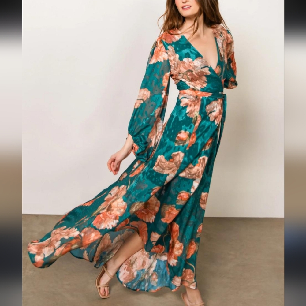NWT Anthropologie Hutch Textured V Neck Teal Green Floral Wrap Maxi Dress S